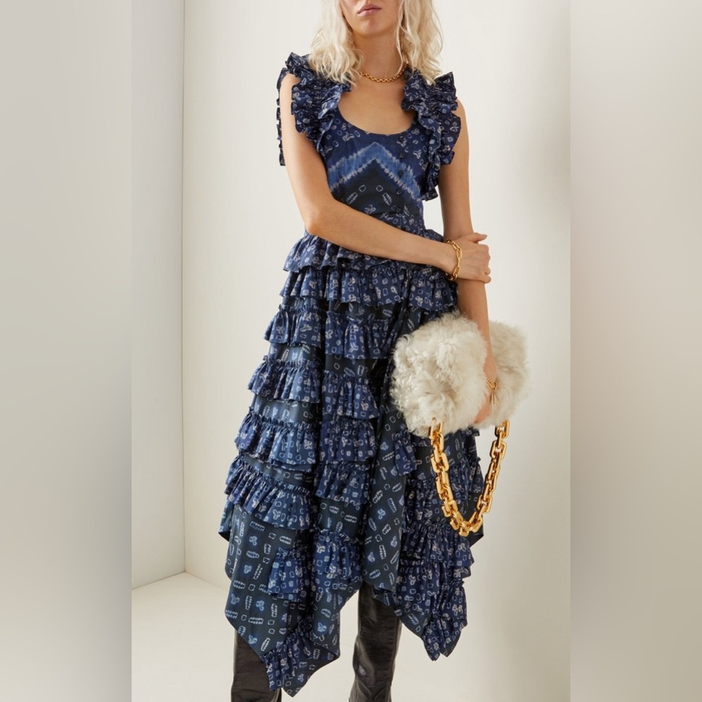 Ulla Johnson Navy Blue Patterned Asymmetrical Ruffle Dress